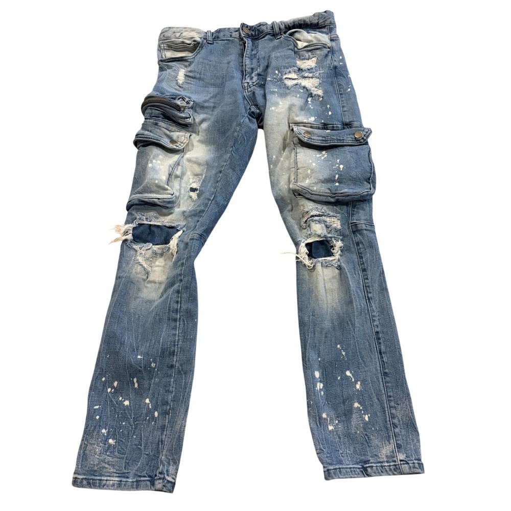 Grindhouse Men's Distressed Blue Cargo Jeans Ripped Paint Splatter Biker 32 x 28